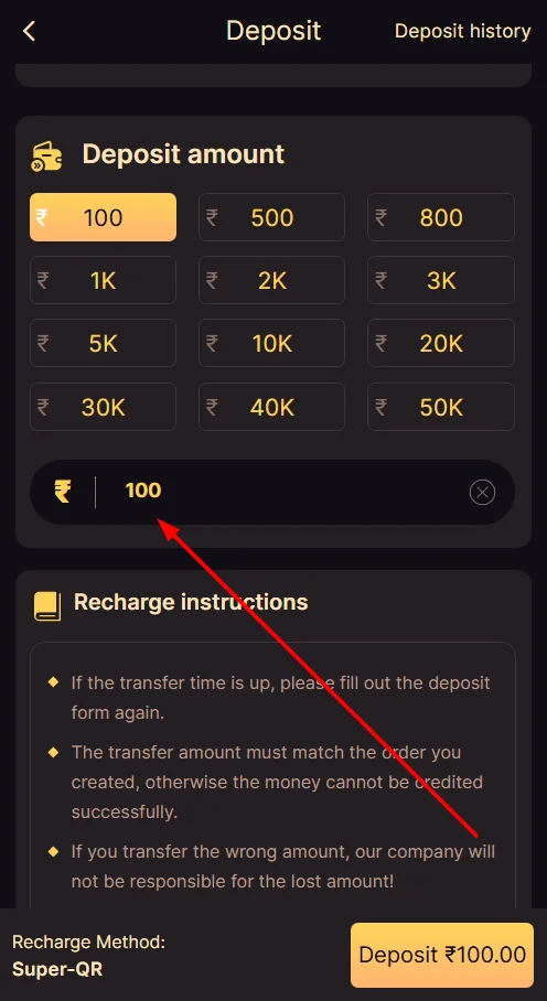  Enter the deposit amount